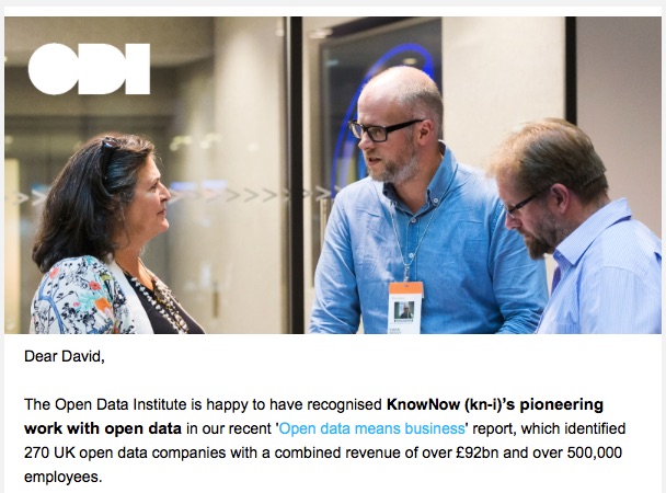 Screen grab of Open Data email recognising KnowNow as Open Data pioneers