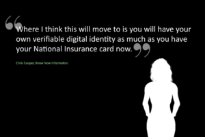 Silhouette of a female against a quote from the text - "You will have a verifiable digital identity as much as you have a National Insurance card now"