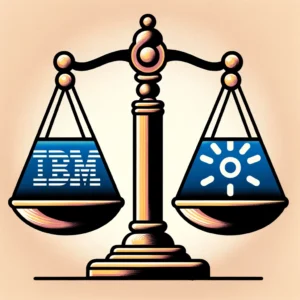 Balanced scales with IBM symbol on one side and OpenAI symbol on the other, representing their distinct yet equally significant approaches in AI development and ethics.