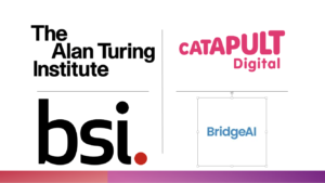 A collage depicting various AI standards and ethical frameworks, featuring logos of The Alan Turing Institute, BSI, the Digital Catapult and BridgeAI, symbolizing the collective effort in establishing ethical AI guidelines.