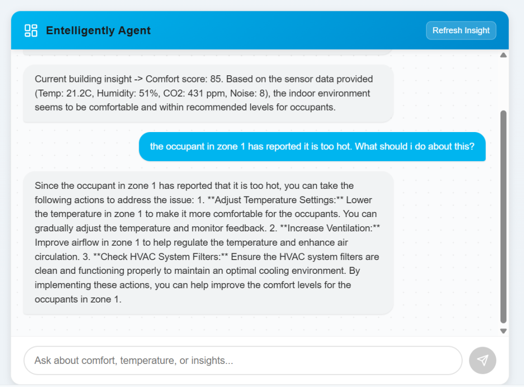 Chat-style interface showing building insight and suggested actions in response to a reported comfort issue in a specific zone.