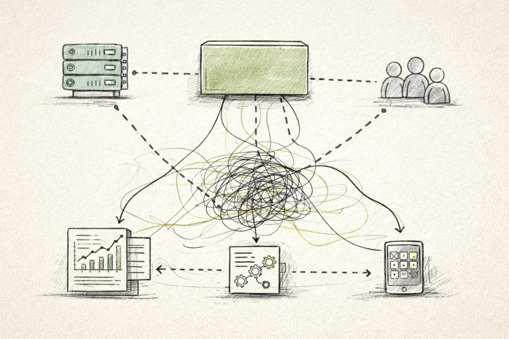 Sketch showing disconnected systems and messy data feeding into a central system, highlighting AI integration challenges.
