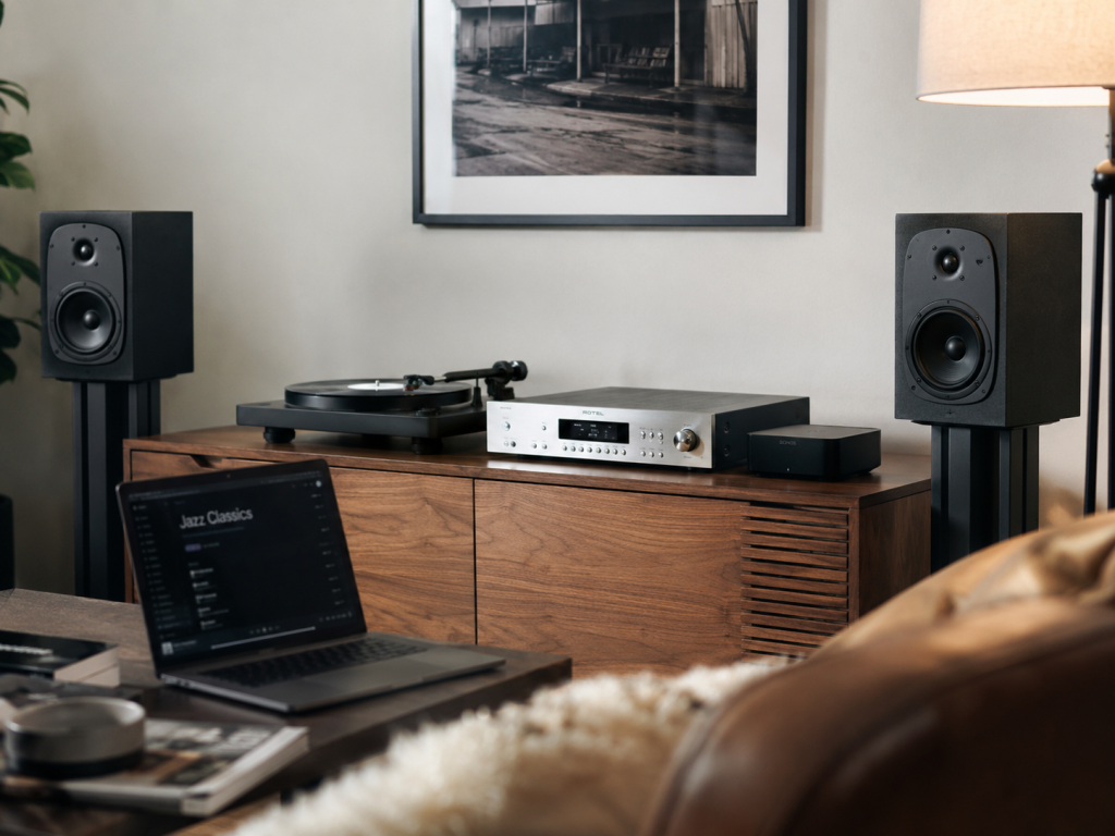 A modern living room setup featuring a vinyl record player, speakers, and a laptop streaming music, illustrating the blend of analogue and digital technology in everyday creative life.